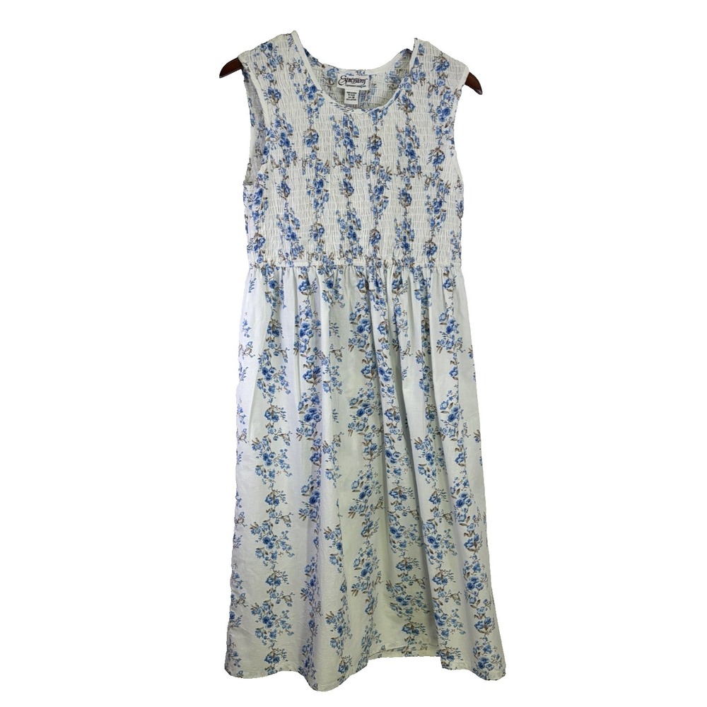 Vintage Expressions Woman's Dress Size M Blue Ditsy Floral Cottagecore 90's